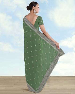 Pista georgette embroidery work saree with unstitched blouse piece 3