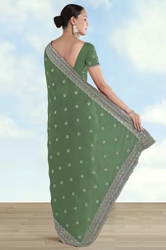 Pista georgette embroidery work saree with unstitched blouse piece