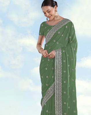 Pista georgette embroidery work saree with unstitched blouse piece 4