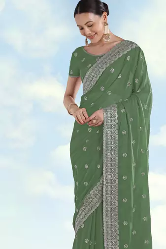 Pista georgette embroidery work saree with unstitched blouse piece