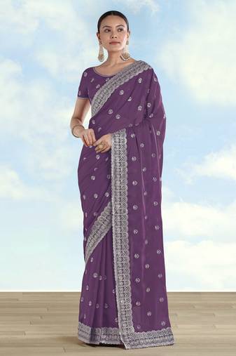 Lavender georgette embroidery work saree with unstitched blouse piece