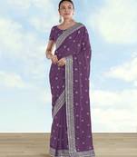 Lavender georgette embroidery work saree with unstitched blouse piece