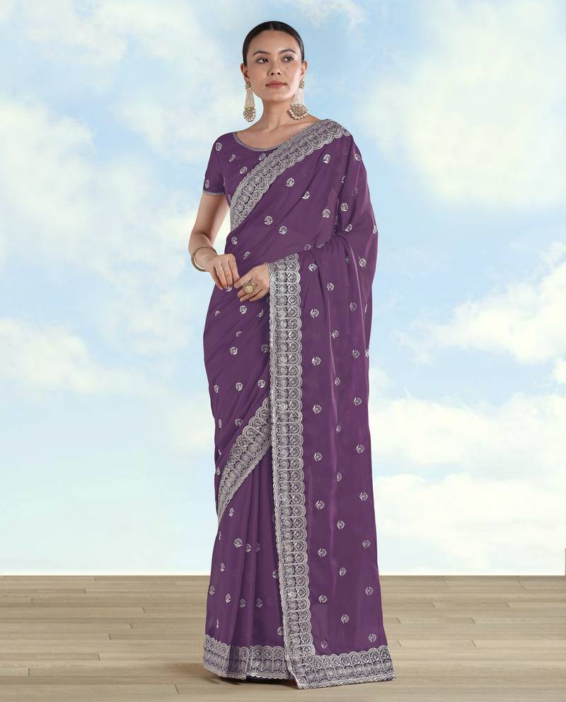 Lavender georgette embroidery work saree with unstitched blouse piece