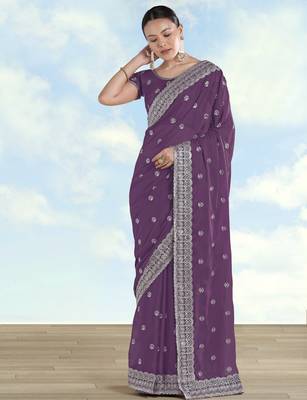 Lavender georgette embroidery work saree with unstitched blouse piece 2