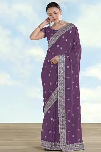 Lavender georgette embroidery work saree with unstitched blouse piece