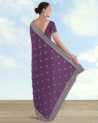 Lavender georgette embroidery work saree with unstitched blouse piece 3