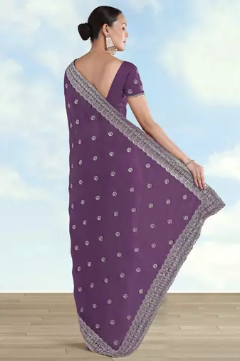 Lavender georgette embroidery work saree with unstitched blouse piece