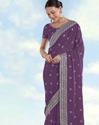 Lavender georgette embroidery work saree with unstitched blouse piece 4