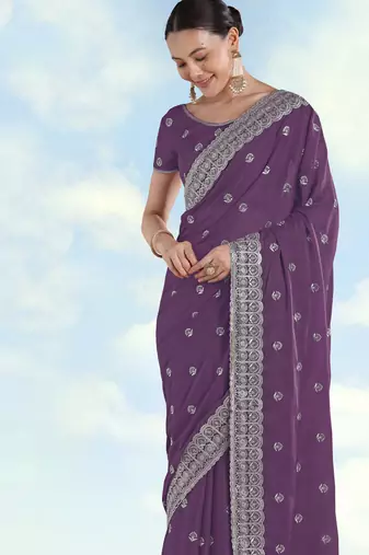 Lavender georgette embroidery work saree with unstitched blouse piece