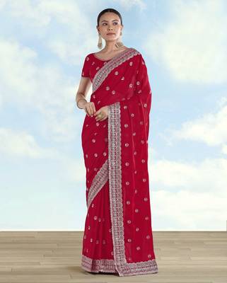 Pink georgette embroidery work saree with unstitched blouse piece 1