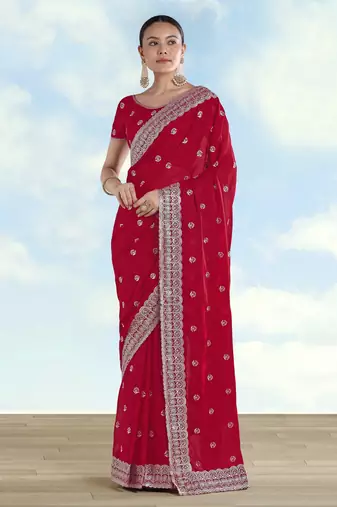 Pink georgette embroidery work saree with unstitched blouse piece