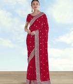 Pink georgette embroidery work saree with unstitched blouse piece
