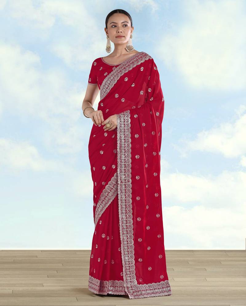Pink georgette embroidery work saree with unstitched blouse piece
