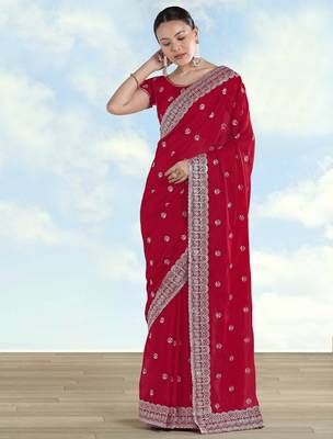 Pink georgette embroidery work saree with unstitched blouse piece 2