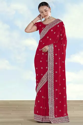Pink georgette embroidery work saree with unstitched blouse piece