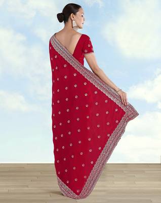 Pink georgette embroidery work saree with unstitched blouse piece 3