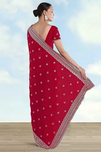 Pink georgette embroidery work saree with unstitched blouse piece