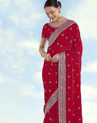 Pink georgette embroidery work saree with unstitched blouse piece 4