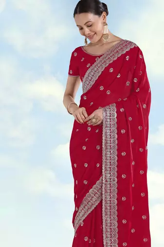 Pink georgette embroidery work saree with unstitched blouse piece