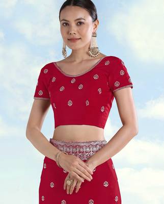Pink georgette embroidery work saree with unstitched blouse piece 5