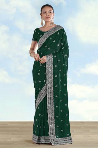 Green georgette embroidery work saree with unstitched blouse piece