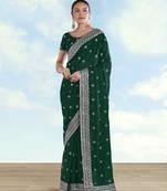 Green georgette embroidery work saree with unstitched blouse piece