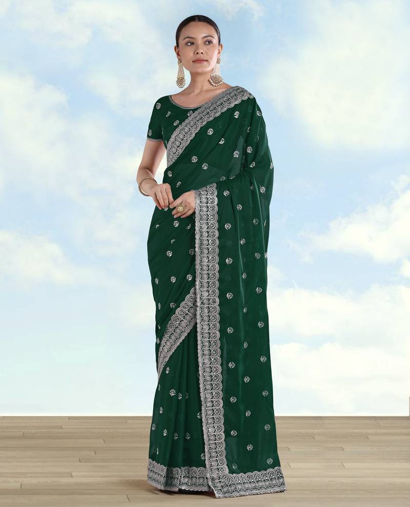 Green georgette embroidery work saree with unstitched blouse piece