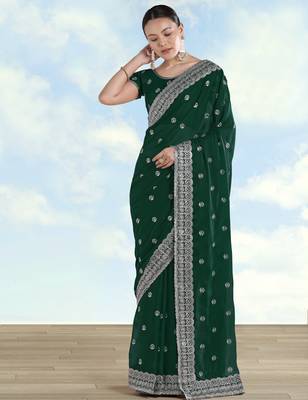 Green georgette embroidery work saree with unstitched blouse piece 2