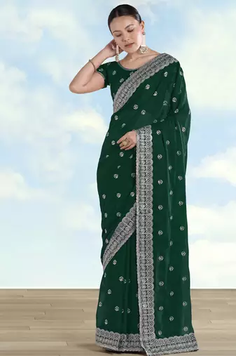 Green georgette embroidery work saree with unstitched blouse piece