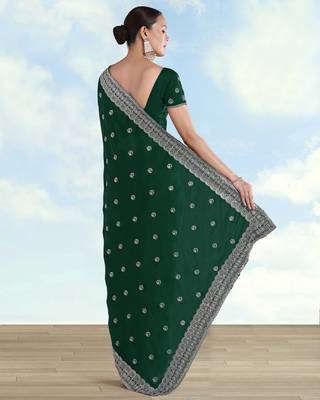 Green georgette embroidery work saree with unstitched blouse piece 3