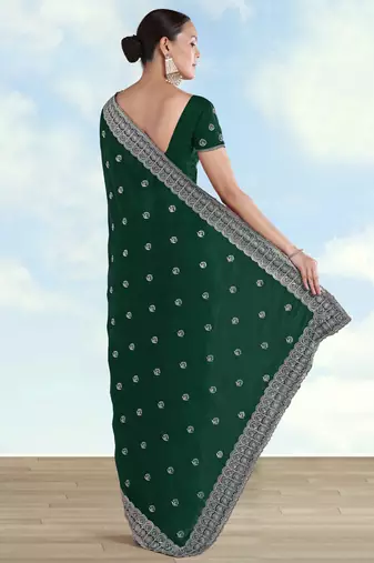 Green georgette embroidery work saree with unstitched blouse piece
