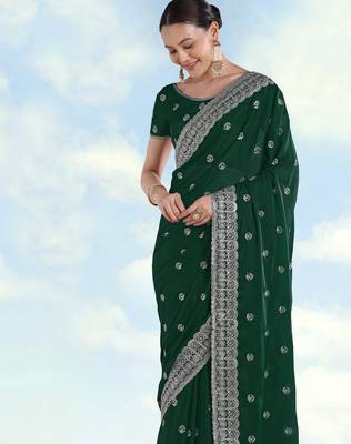 Green georgette embroidery work saree with unstitched blouse piece 4