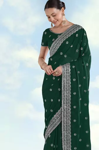 Green georgette embroidery work saree with unstitched blouse piece