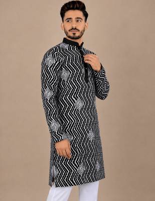 Black color unique cross pattern white thread embroidery with silver sequence silk men's kurta payjama set 3