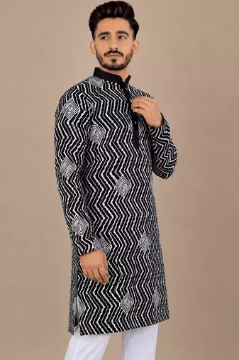 Black color unique cross pattern white thread embroidery with silver sequence silk men's kurta payjama set