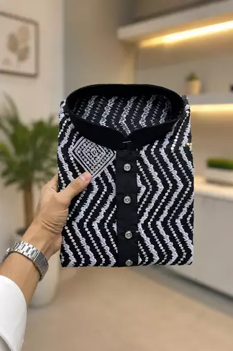 Black color unique cross pattern white thread embroidery with silver sequence silk men's kurta payjama set