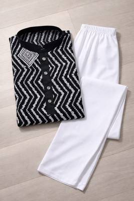 Black color unique cross pattern white thread embroidery with silver sequence silk men's kurta payjama set 5