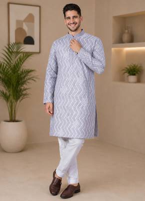 Grey color unique cross pattern white thread embroidery with silver sequence silk men's kurta payjama set 1