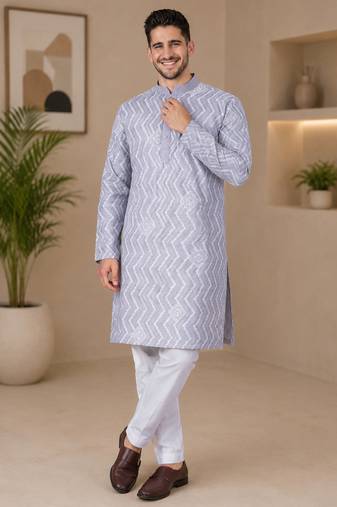 Grey color unique cross pattern white thread embroidery with silver sequence silk men's kurta payjama set