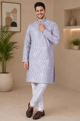 Grey color unique cross pattern white thread embroidery with silver sequence silk men's kurta payjama set