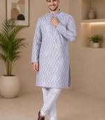 Grey color unique cross pattern white thread embroidery with silver sequence silk men's kurta payjama set