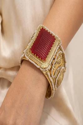 Red Stone Antique Gold Cuff Bracelet | Pearl Detailed Bridal Bangle | Traditional Indian Jewelry 2