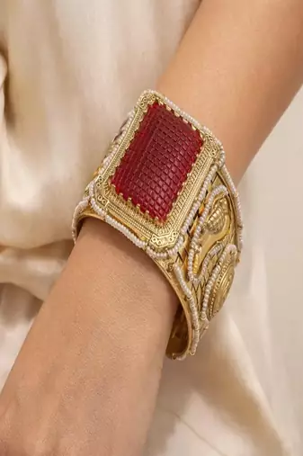 Red Stone Antique Gold Cuff Bracelet | Pearl Detailed Bridal Bangle | Traditional Indian Jewelry