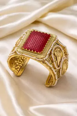 Red Stone Antique Gold Cuff Bracelet | Pearl Detailed Bridal Bangle | Traditional Indian Jewelry 1