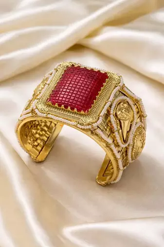 Red Stone Antique Gold Cuff Bracelet | Pearl Detailed Bridal Bangle | Traditional Indian Jewelry