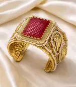 Red Stone Antique Gold Cuff Bracelet | Pearl Detailed Bridal Bangle | Traditional Indian Jewelry
