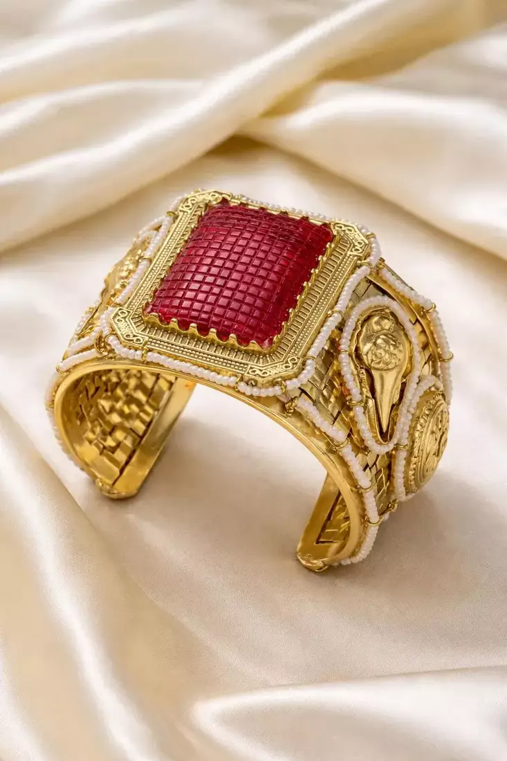Red Stone Antique Gold Cuff Bracelet | Pearl Detailed Bridal Bangle | Traditional Indian Jewelry
