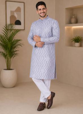 Grey color unique cross pattern white thread embroidery with silver sequence silk men's kurta payjama set 2