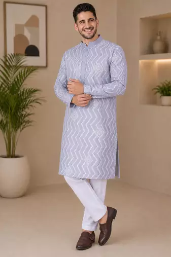 Grey color unique cross pattern white thread embroidery with silver sequence silk men's kurta payjama set