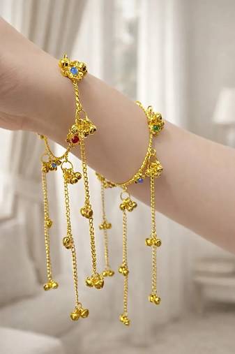 Gold Tone Ghungroo Bracelet | Multicolor Stone Ethnic Jewelry | Traditional Indian Design